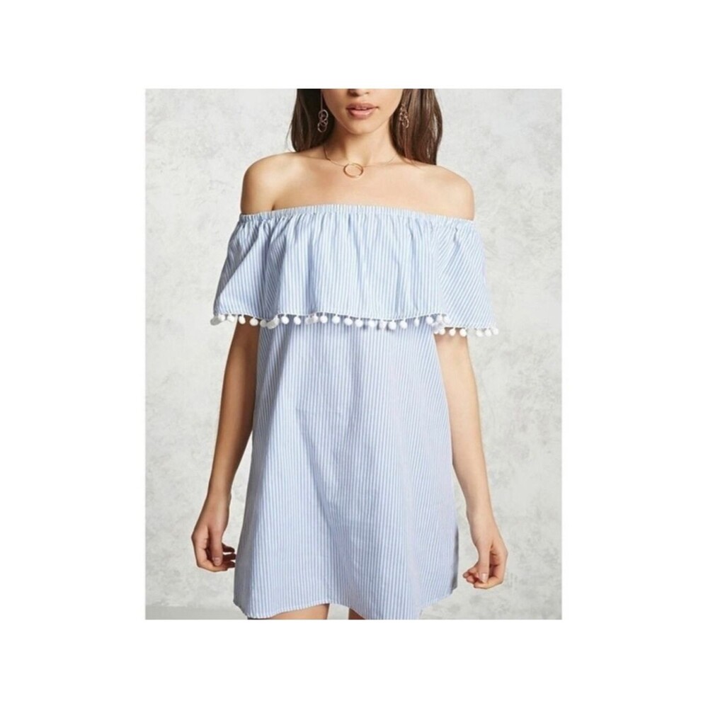 Forever 21 blue striped off shoulder Pom Pom dress